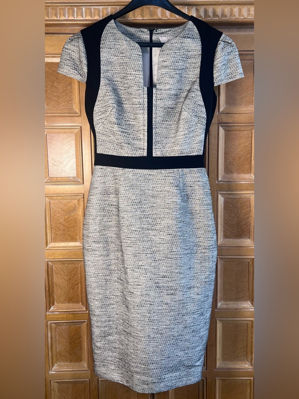 Lela Rose Sheath Dress Women XS Black white Tweed Colorblock Cap Sleeve Cocktail